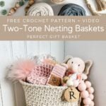 Crochet Baskets filled with a variety of yarn and a sturdy rope accessory.