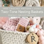 Crochet baskets filled with a colorful assortment of yarn and beads.