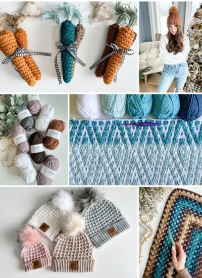 A collage of pictures of crocheted hats, scarves and mittens featuring farmhouse carrots.