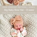 A baby is laying on a blanket wearing a crocheted hat.