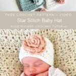A Star Stitch Crochet Baby Hat with a flower on it.