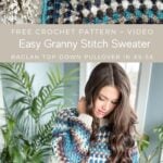 An easy-going woman wearing a sweater with the text "free crochet granny stitch sweater.