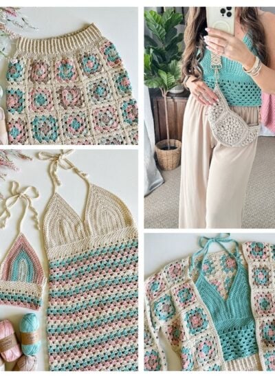 Description: A collage of photos showing a woman wearing crochet clothes, including a crochet skirt.