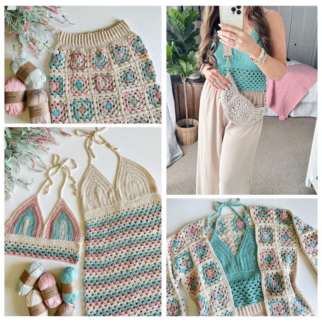 Collage of crochet items includes a bralette, a halter top, a skirt, a woman wearing a crochet top with a fanny pack, and crochet yarn. The crochet designs feature intricate patterns in pastel colors, including an eye-catching Granny Square Cardigan.