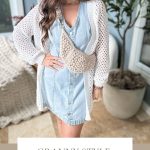 Woman in a denim dress and crochet cardigan pairs her look with a chic crochet crossbody bag. Text below reads: "Granny Style Crossbody Bag: Crochet Pattern & Video.