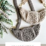 Two crochet crossbody bags, one beige and one gray, featuring geometric patterns, are displayed on a white surface near vibrant green foliage. Text reads: "Granny Style Crochet Crossbody Bag, Pattern & Video.