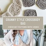 Crochet granny squares form a stylish crossbody bag, as shown in the pattern titled "Granny Style Crossbody Bag Crochet Pattern with Video." A person elegantly models the crochet crossbody bag over a cardigan and dress.
