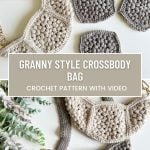 Discover the charm of crochet crossbody bags in neutral tones showcased with intricate crocheted squares, accompanied by a helpful video tutorial.