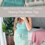 Free crochet halter top with a trendy granny pop style.