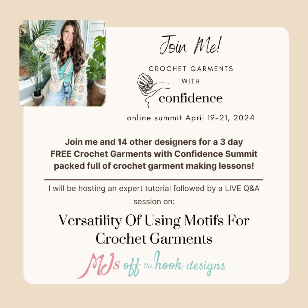 Promotional flyer for an online crochet garment workshop from April 19-21, 2024, featuring a smiling woman in a Granny Square Cardigan, surrounded by plants.