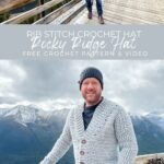 A man is standing on a bridge with the text, Rocky Ridge Crochet Hat.