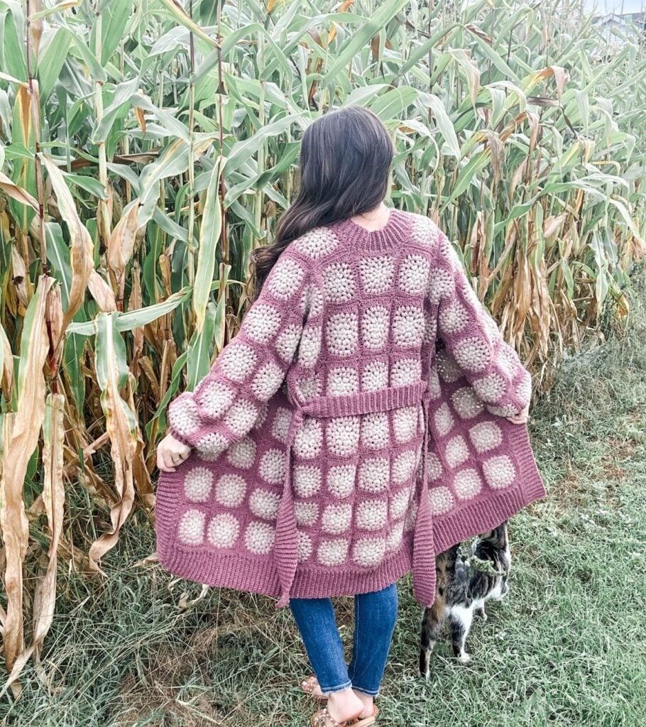 Back of Granny Square crochet coatigan