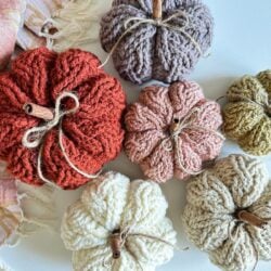 A group of crochet pumpkins.