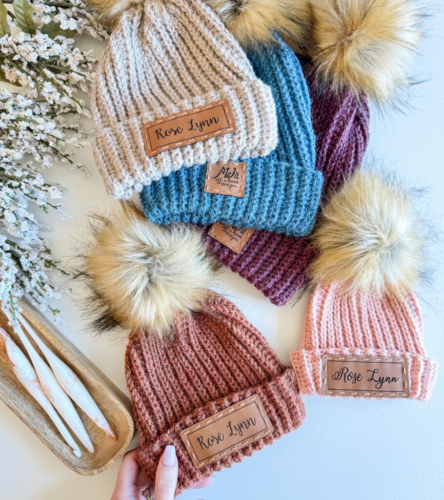 Personalized crochet pom pom beanie.