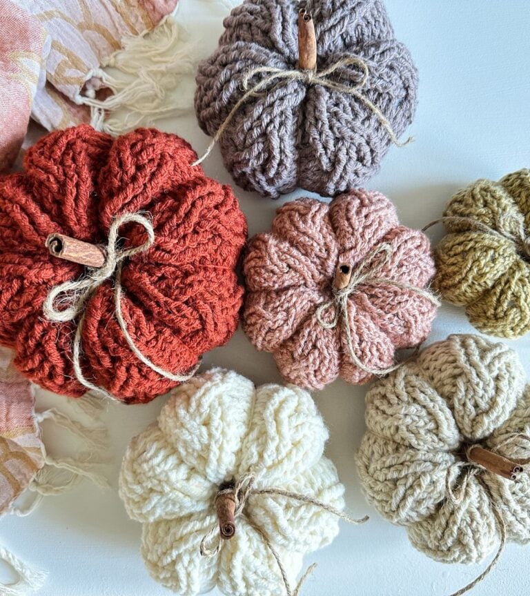 A group of crochet pumpkins.