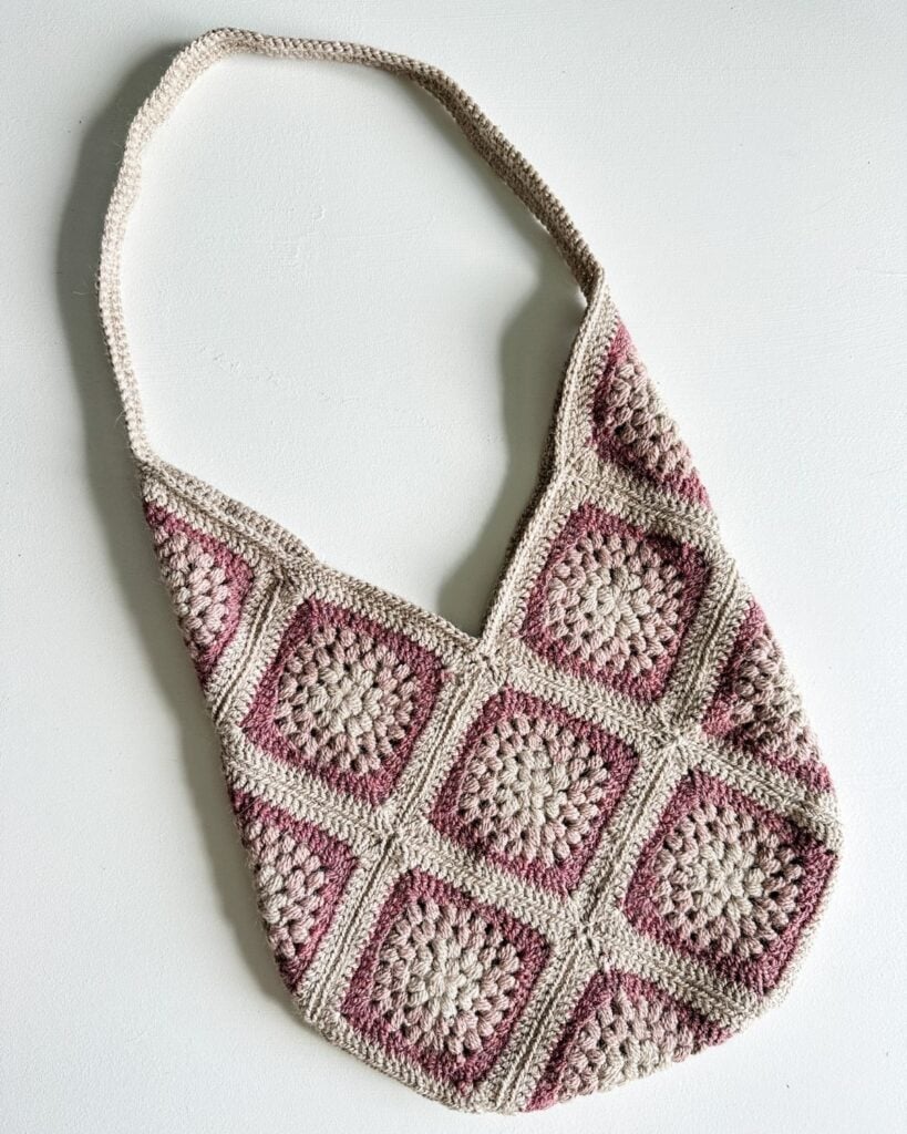 Flat lay of granny square bag