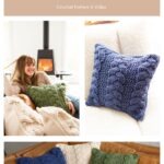 Collage showing a woman holding a blue cabled pillow, with close-up views of blue, white, and green crocheted pillows on couches. Text reads, "Cozy Cottage Cabled Pillow Crochet Pattern & Christmas Crochet Ornament Video.