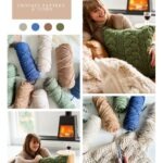 Collage showing a woman holding a green crocheted pillow, yarn in various colors, a crochet hook, and a cozy living room with a fireplace. Text advertises a crochet pillow pattern, video, and festive Christmas Crochet Ornament ideas.