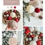 Collage showing crocheted cabled baubles in neutral tones among red and silver ornaments, yarn supplies, and a Christmas Crochet Ornament hanging on a festive tree.