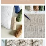 Yarn, pillow insert, and crochet hook are shown with completed crocheted pillow covers in a beige cabled pattern labeled "Cozy Cottage Cabled Pillow," perfect for pairing with your favorite Christmas Crochet Ornament decor.