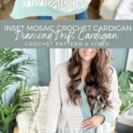 A woman wearing a cardigan with the words ins mosaic crochet cardigan.