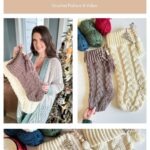 A woman holds up two crocheted Cabled Stockings; more stockings, yarn, and a holiday tree are also shown. Text reads: "Cozy Cottage Cabled Stocking Crochet Pattern & Video.
