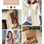 A woman displays chunky cabled stockings in cream and brown tones. Close-ups show stocking details and a personalized name tag. Holiday decor appears in the background.