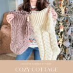 A woman holds two cabled stockings, one cream and one taupe, in front of a decorated Christmas tree. Text reads: "Cozy Cottage Cabled Stocking, mjsoffthehookdesigns.com.