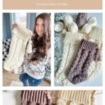 A woman holds a large Cabled Stocking. Two photos show cream and brown cabled stockings with yarn, crochet hooks, and tassels. Text reads "Cozy Cottage Cabled Stocking Crochet Pattern & Video.