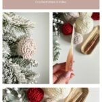 A collage shows crocheted round baubles in white, beige, and red—perfect as a Christmas Crochet Ornament—displayed on a tree and next to crochet hooks, with the text “Cozy Cottage Cabled Baubles Crochet Pattern & Video.”.