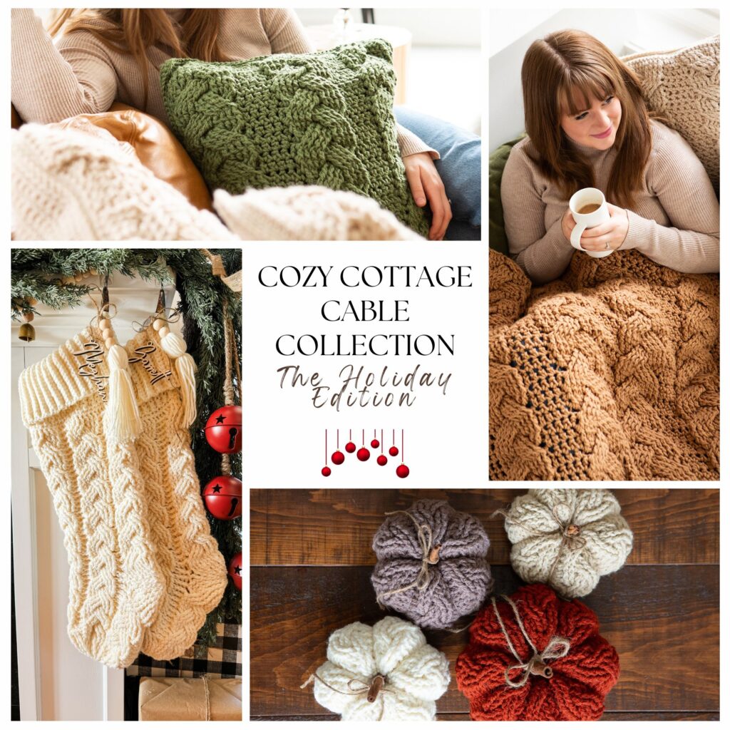 Cozy Cottage Crochet Cable Collection. Holiday home decor patterns. Crochet cable throw, cable pillow, cable pumpkins and cable stocking