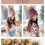 Two women model ribbed knit beanies with faux fur pom-poms. Below, four beanies in different colors are displayed beside a granny square ornament. Text promotes crochet pattern and video for all sizes.