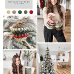 A woman displays granny square ornament crochet baubles in a modern living room with a decorated Christmas tree; close-ups show baubles and tree details. Text reads "Holiday Weave Baubles Crochet Pattern & Video.