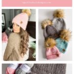 Collage showing a woman wearing a knitted hat with a faux fur pompom, three similar hats in different colors, yarn with a partially knitted hat, and a charming granny square ornament.