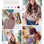 Collage showing a woman modeling knitted beanies with faux fur pom-poms, several color options, and close-up shots of beanie details—plus a charming granny square ornament. Text reads "Snuggle Season Beanie.