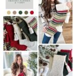 Collage showing a woman holding and displaying crocheted holiday stockings in red, green, and cream, adorned with yarn, tassels, pine cone decorations, and a granny square ornament. Text reads "Holiday Weave Stocking Crochet Pattern & Video.