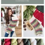 Collage showing a woman holding a crocheted holiday stocking, a closeup of the stocking with crochet tools, and balls of yarn in festive colors. Features a granny square ornament. Text reads "Holiday Weave Stocking Crochet Pattern & Video.
