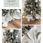 Collage showing a Christmas tree with a textured white crochet tree skirt, featuring close-up details, a pom-pom accent, and a charming granny square ornament. "Holiday Weave Tree Skirt" crochet pattern is noted in the top left.