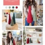 A woman displays handmade crochet holiday trees in red, green, and beige, each featuring charming granny square ornament accents. Other images show the trees as festive home decor on a table and shelf.