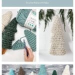Collage showing crochet tiered trees in various colors, yarn and crochet hook, a Granny square ornament, and finished trees with stick bases displayed on a shelf.