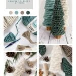 Collage showing crocheted tiered trees in green and cream, yarn, crochet hook, pinecones, cinnamon sticks, and a “Tiered Trees Crochet Pattern & Video” ad. Perfect for pairing with a Granny square ornament for festive decor.