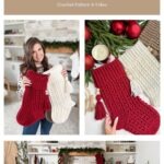 A woman holds up red and white knitted stockings in a living room decorated for Christmas, featuring close-up and wide shots of the stockings, mantel decor, and a charming granny square ornament.