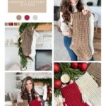 A woman displays large crocheted Christmas stockings in beige and red by a fireplace, alongside a charming granny square ornament, showcasing the “Snuggle Season Stocking” crochet pattern.