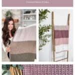 A collage shows a woman holding a striped crochet blanket, the blanket draped over a ladder, and a close-up of stitches with crochet hooks and a charming granny square ornament. Text reads: "Snuggle Season Blanket.