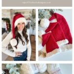 Three images show crocheted Santa hats: a woman wearing one, a close-up of three hats of different sizes, and festive yarn with a Granny square ornament. Text reads "Santa Hat Crochet Pattern & Video.