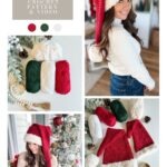 Collage showing a woman modeling a crocheted Santa hat, close-ups of yarn, finished hats, and a Granny square Ornament, plus a title promoting a crochet pattern and video by mjsoffthehookdesigns.com.