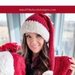 Woman indoors holding a red and white crocheted Santa hat, matching yarn, and a Granny square ornament, with text promoting a crochet pattern and video for a Santa hat from mjsoffthehookdesigns.com.