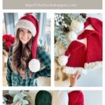 A woman wearing a crocheted Santa hat stands beside festive decorations, with extra Santa hats, yarn in red, white, and green, and a charming granny square ornament completing the cheerful holiday scene.