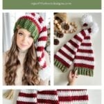 Three images show a crochet elf hat with red, white, and green stripes—plus pom-poms at the tip—worn by a woman and displayed flat. Text advertises a crochet pattern, video, and matching Granny square Ornament ideas.