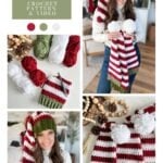 Collage showing a woman wearing a crocheted elf hat in red, white, and green stripes with pom-poms, yarn supplies, a granny square ornament, and three completed hats displayed on a table.